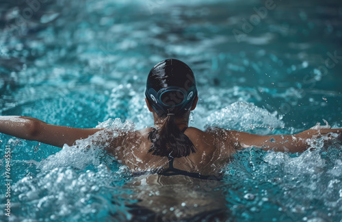A female swimmer swimming in the freestyle style, with her back to the camera