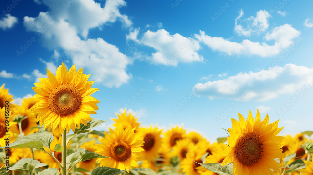 Obraz premium Sunflower field with cloudy blue sky