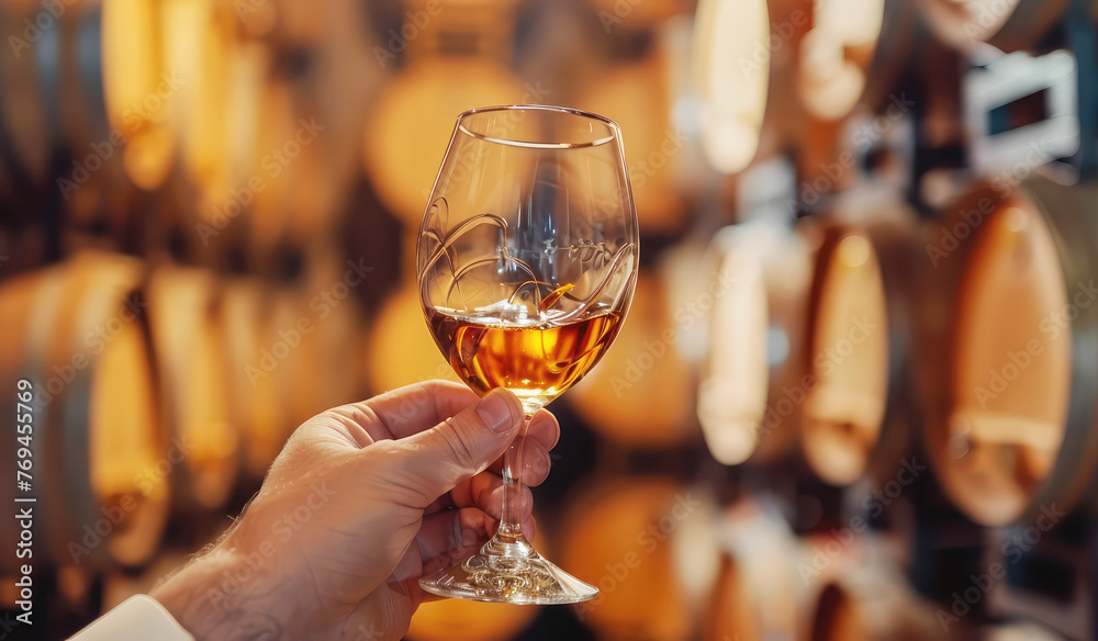the hand of a male sommelier holds a tasting glass with cognac against the background of oak barrels in a wine cellar close-up - obrazy, fototapety, plakaty 