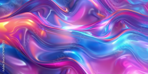 A dark, colorful abstract background featuring metallic soft waves in shades of blue and pink