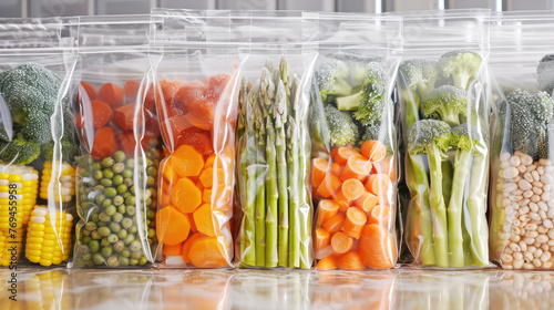 various frozen vegetables in vacuum plastic bags on the table in the kitchen. stock of vegetables for the winter photo
