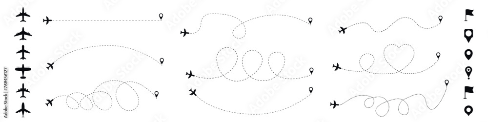 Plane route line. Airplane with dashed trace and map pin at start. Various air crafts and destination pins icons. Editable stroke path. - obrazy, fototapety, plakaty 