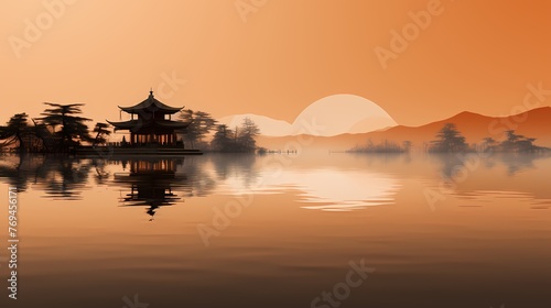 temple on the river traditional landscape illustration background poster decorative painting