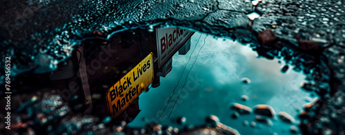 A sign reflected in a puddle in the street that reads "black lives matter"