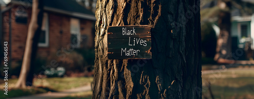 A sign on a tree that reads "black lives matter"