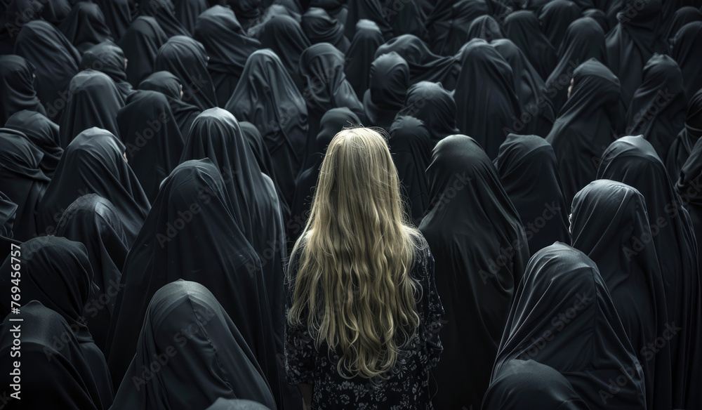 A crowd of black women wearing burkas stands out in the middle. One blonde woman, wearing a white dress, stands apart from the crowd - obrazy, fototapety, plakaty 