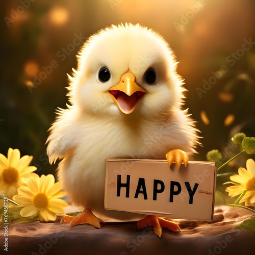 A baby chick hold a sign that says word happy 