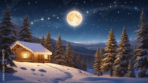 A cabin in the woods with full moon in the sky