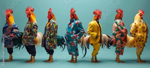 Surreal fashion concept. A quirky set of roosters standing on two legs, each dressed in vibrant, fashionable outfits ranging from tropical prints to classic suits