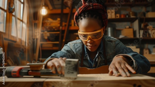 Craftsmanship concept. A focused woman wearing protective safety goggles meticulously sands a piece of wood in a well-organized workshop, surrounded by woodworking tools and equipment. photo