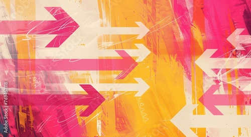 Dynamic abstract background featuring a multitude of arrows pointing in different directions. A vibrant blend of pink, orange hues with a gritty texture, poster designs or creative backdrops.