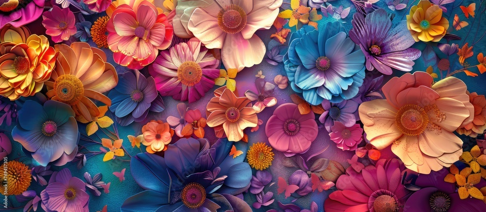 Colorful backdrop for design and fashion with embellishments. Elaborate flowers for wall decor.