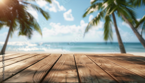 Summer Holiday Backdrop: Wooden Table with Tropical Beach Blur