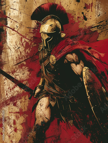 Spartan warrior fighting at the battle. In the style of gritty horror comics, dark red and gold. 