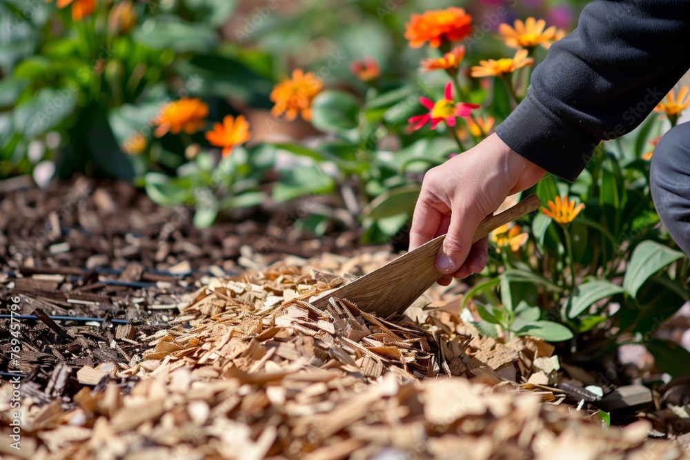 person using wood chips as mulch in a flowerbed - obrazy, fototapety, plakaty 