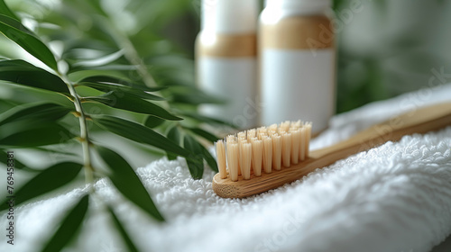 Natural Bamboo Toothbrush On Soft Towel Amidst Vibrant Green Leaves