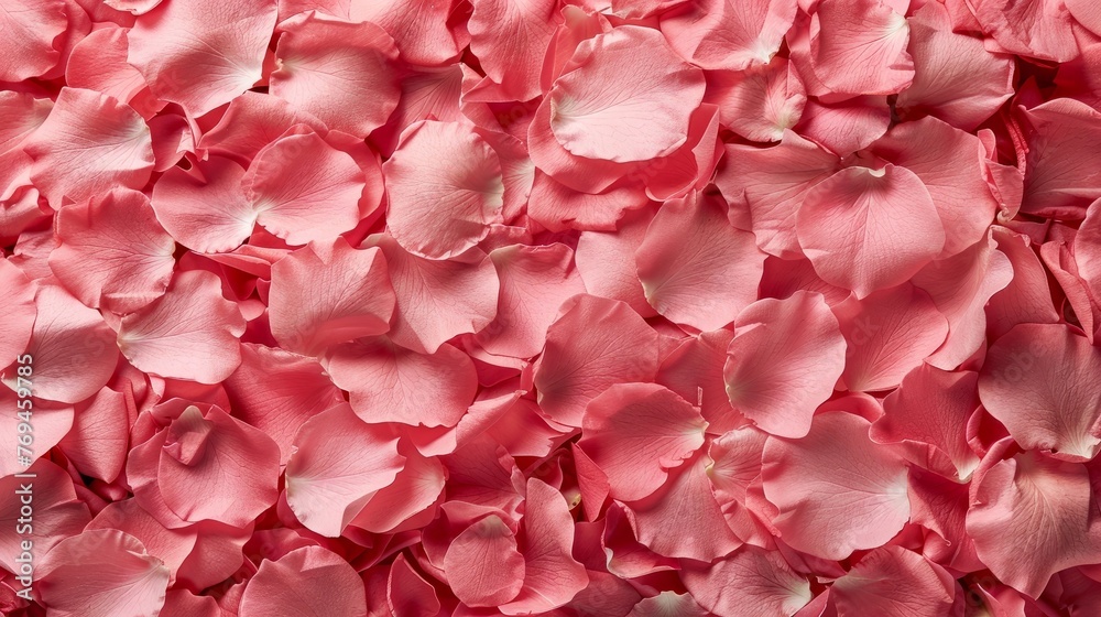 Delicate, pale pink rose petals scattered romantically against a wall backdrop, background, wallpaper