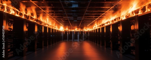 The intense heat of the fire engulfs the server room, posing a grave threat to advanced supercomputer technology housed within the data center.