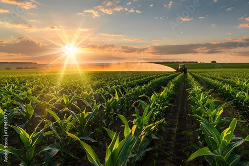 A tractor sprays pesticides in a cornfield at sunset creating a beautiful and serene agricultural scene. Concept Agricultural scene, Sunset in cornfield, Tractor spraying pesticides photo