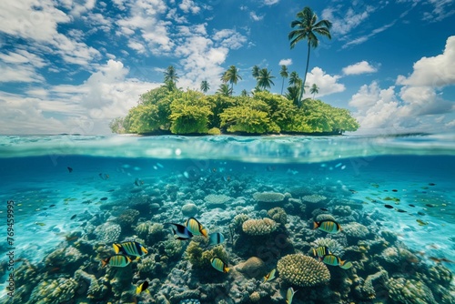 Water level split view of tropical island and fish swimming underwater