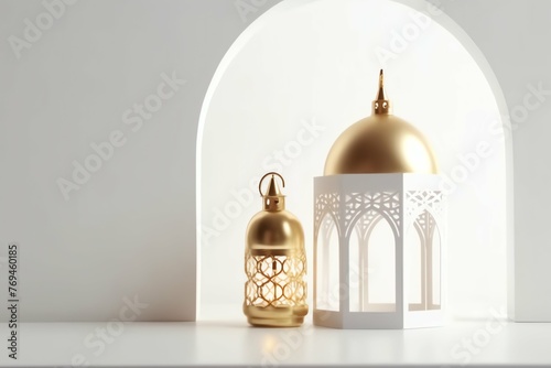 Eid mubarak and ramadan kareem greetings with islamic lantern and mosque. Eid al fitr background