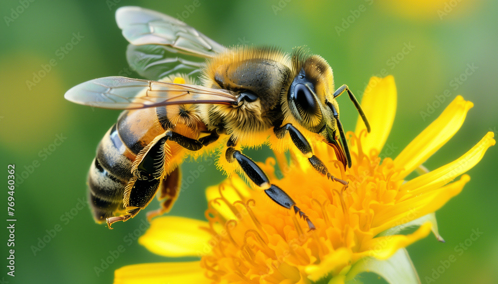 Nature's Pollinator at Work: Bee on a Sunlit Yellow Flower Nature's Pollinator at Work: Bee on a Sunlit Yellow Flower