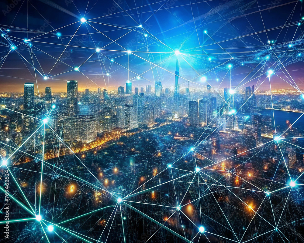 Modern cityscape and network connection concept. 3D rendering double exposure Modern cityscape and network connection concept. 3D rendering double exposure