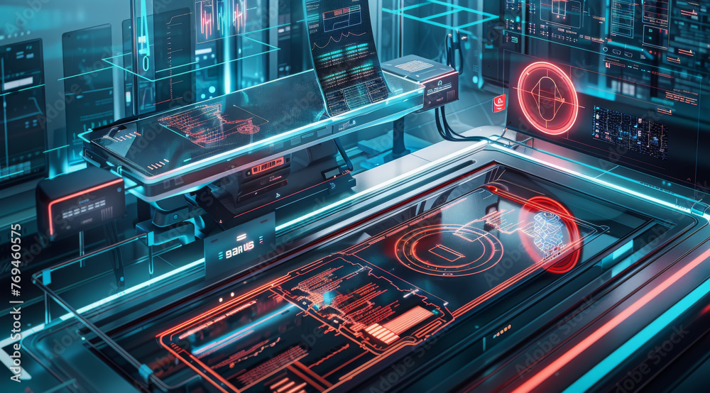 High-tech cybernetic laboratory with multiple workstations and glowing neon lights, ai generated