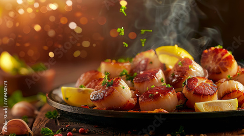 Golden seared scallops with citrus garnish bask in warm, enticing light with steam rising