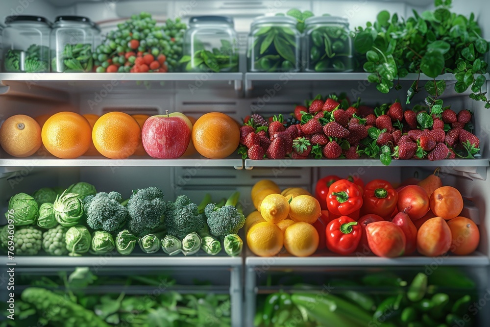 Open refrigerator stocked with fresh fruits, vegetables and herbs. Organic, healthy and clean eating concept Open refrigerator stocked with fresh fruits, vegetables and herbs. Organic, healthy and clean eating concept