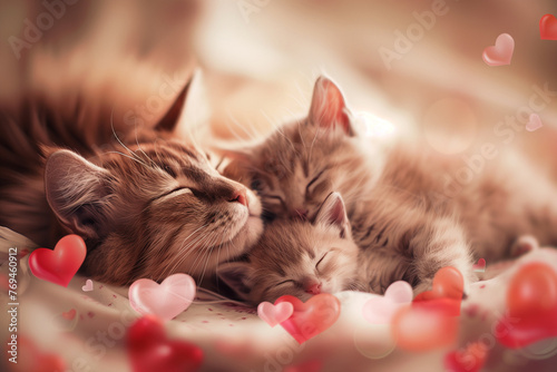 Cat and her kittens surrounded by hearts. Postcard and web banner for Mother’s Day. Photographic quality.