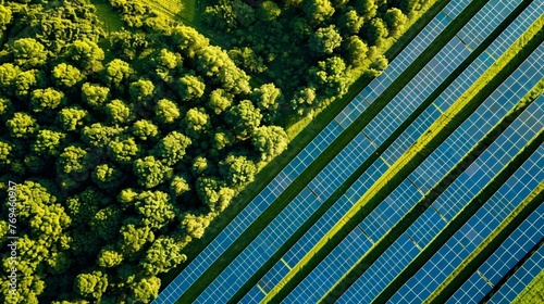 A breathtaking aerial view of a sprawling solar array, with rows of gleaming panels harnessing the power of the sun to generate clean, renewable energy.
