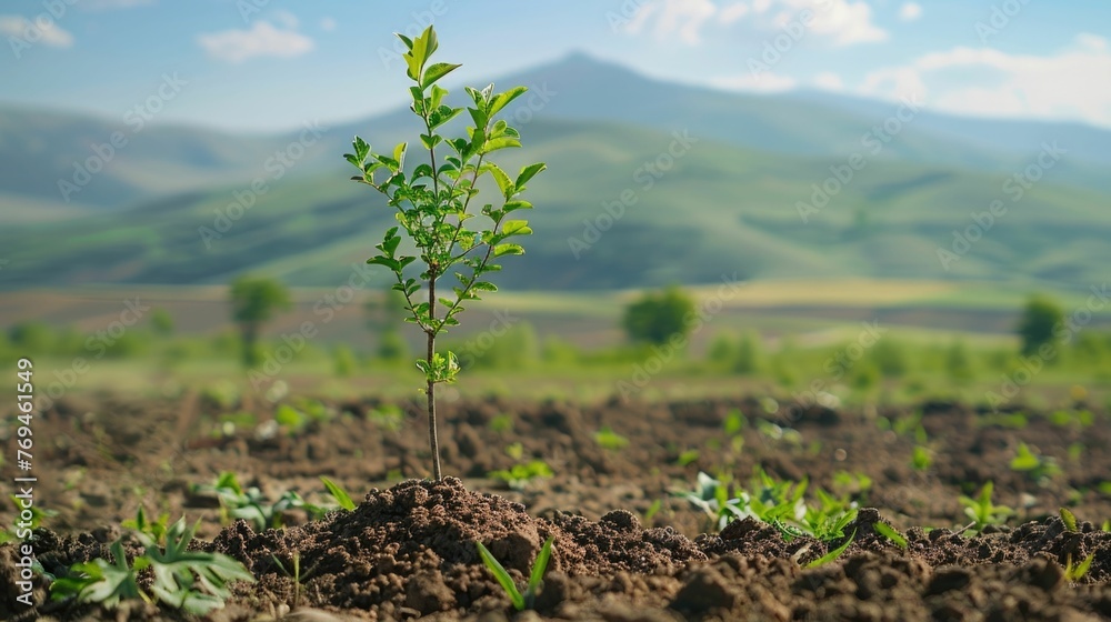 Young,freshly planted tree sapling stands tall in an open field,its ...