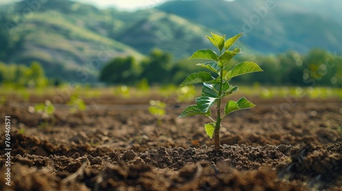 Young,freshly planted tree sapling stands tall in an open field,its tender green leaves reaching towards the sky This image symbolizes the hope and promise of future growth
