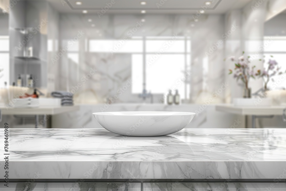 Fototapeta premium White bathroom interior. Empty marble table top for product display with blurred bathroom interior background