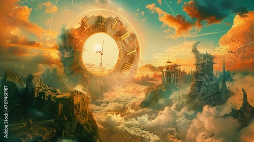 A conceptual illustration of the passage of time, with surreal landscapes and symbolic imagery representing the cyclical nature of life and existence. photo