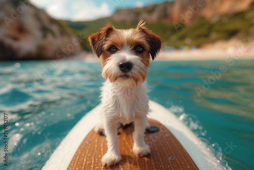Happy dog sitting on paddle board. The pet Having fun on SUP board at summer day. Active lifestyle with pets. Sea and mountain view, poster, wallpaper. SUP board training with pets, relaxation. photo