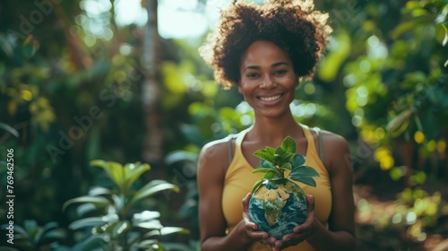 Young African woman is standing in a lush,green outdoor setting,holding a globe in her hands and smiling Her expression and the surrounding nature suggest a sense of environmental photo