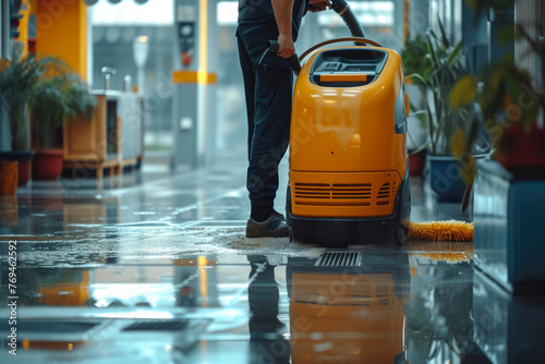 Spotless Office Entrance: Vacuuming in Progress