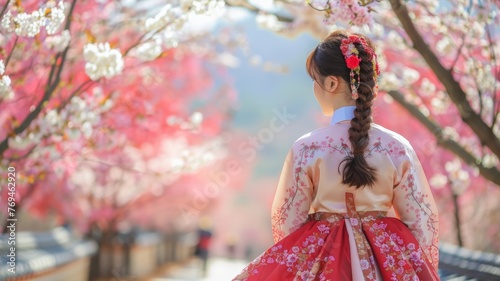 Wallpaper Mural Woman wearing korean national dress and pink cherry blossoms in spring at Namsan park,Seoul South Korea. Torontodigital.ca