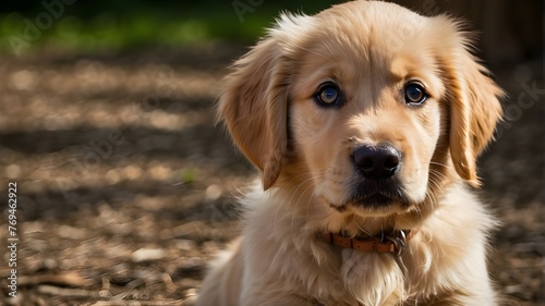 Golden retriever puppy with big soulful eyes and a wagging tall 