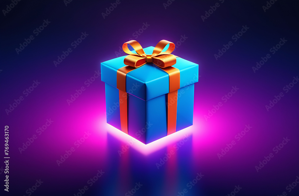 neon color gift box flying on dark neon background space for text. Discount sale background. neon color gift box flying on dark neon background space for text. Discount sale background.