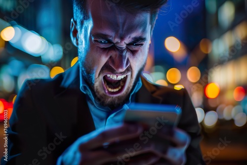 a young man staring at smartphone screen with angry face expression, get awful news in notice from bank, bad message, scam, fraud