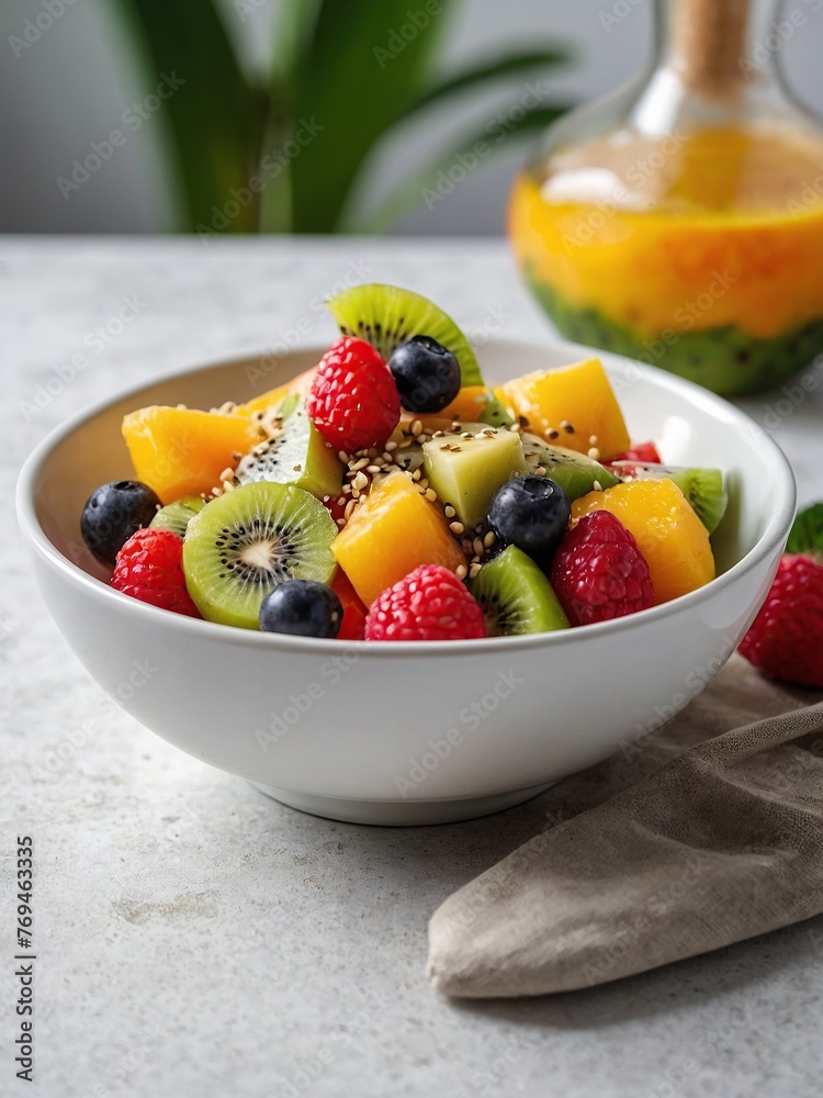 Healthy diet, light fresh fruit salad in a white bowl on a white background, strawberries and tropical fruits Healthy diet, light fresh fruit salad in a white bowl on a white background, strawberries and tropical fruits