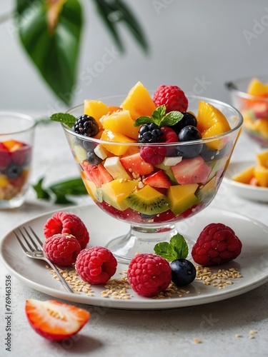 Healthy diet, light fresh fruit salad in a white bowl on a white background, strawberries and tropical fruits