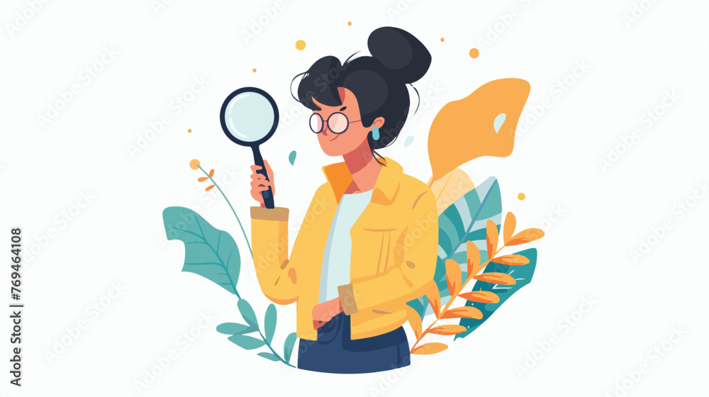 Woman with magnifying glass flat cartoon vactor ill