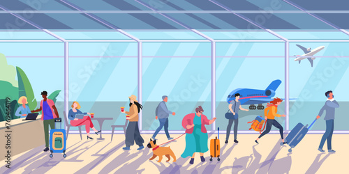 Airport waiting room on a sunny day. Interior inside the airport terminal with people and luggage. A plump woman with a dog. Flight check in counter. Flat vector illustration for banner, poster and