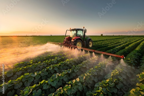 Pesticide spraying on a soybean field by a tractor during a spring sunset. Concept Soybean Farming, Agricultural Practices, Spring Sunset Views, Pesticide Application, Farm Machinery