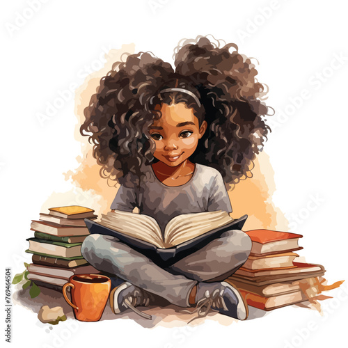Black Girl Reading Watercolor Clipart clipart isolate © Mishab