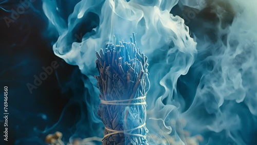 A closeup of a bundle of smudging herbs representing the use of these cleansing herbs in traditional medicine rituals often paired with yoga. photo